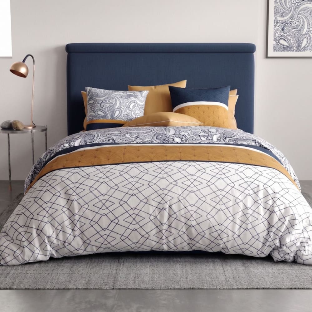 Parure housse couette 240x220cm 2 taies tracé bleu ocre blanc en coton