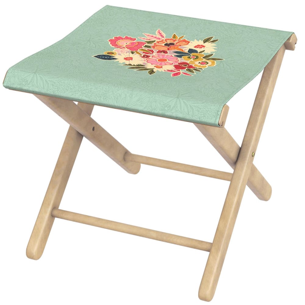 Pliant pêcheur en eucalyptus, toile outdoor, motif fleuri celadon