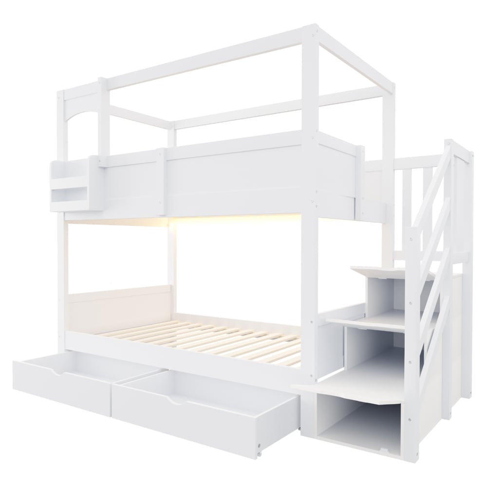 Lit superposé enfant blanc 90 x 200 cm avec rangements