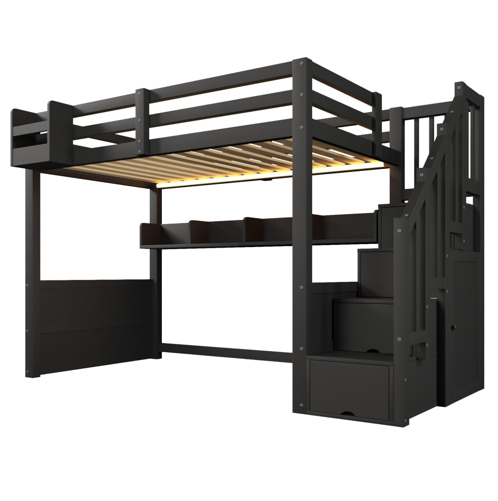 Lit mezzanine enfant en pin noir 90 x 200 cm avec led et rangements
