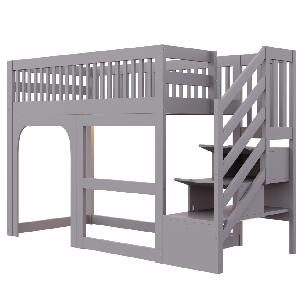Lit mezzanine enfant en pin gris 90 x 200 cm avec rangement