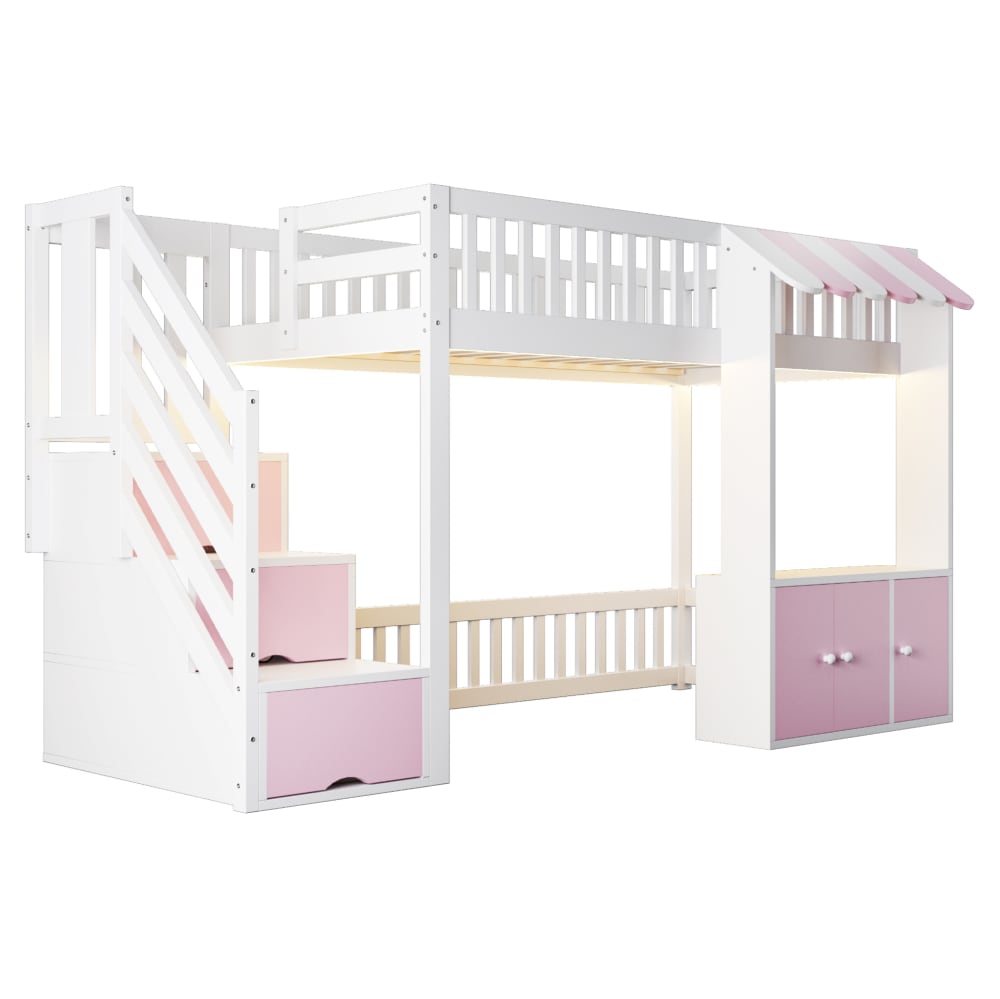 Lit mezzanine en pin rose et blanc 90 x 200 cm