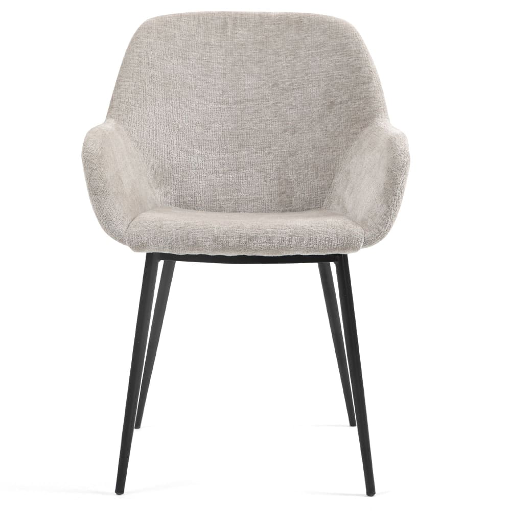 Chaise de table avec accoudoirs tissu chenille taupe pied métal Chaise de table avec accoudoirs tissu chenille taupe pied métal