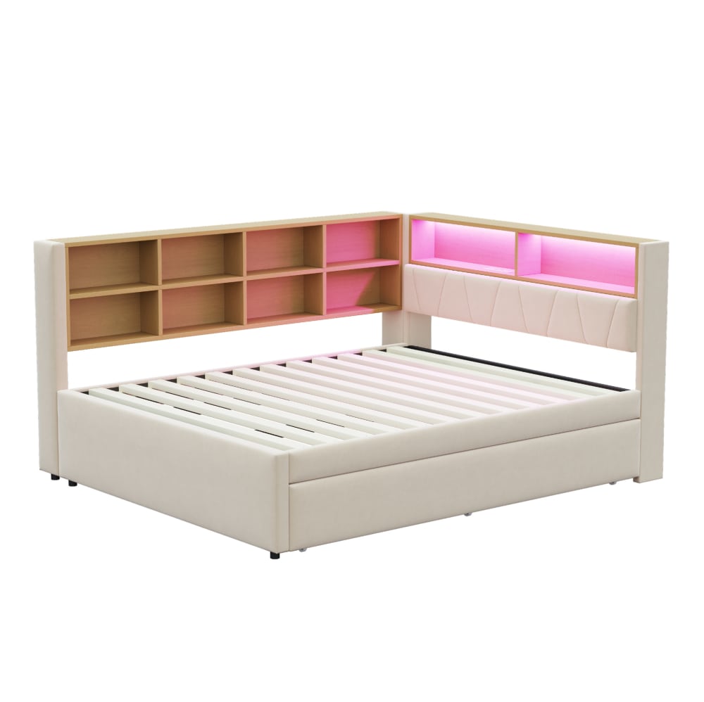 Canapé-lit 140x200 cm avec lit gigogne à gauche en polyester beige
