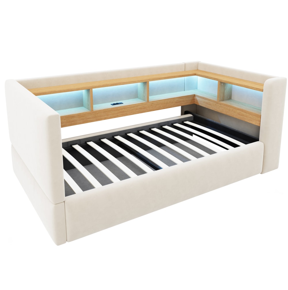 Canapé-lit en polyester flanelle beige 90 x 190 cm avec rangements