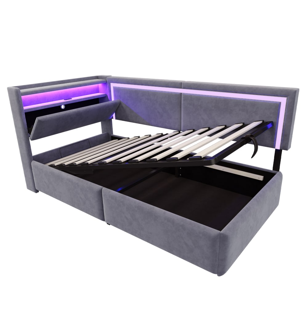 Canapé-lit rembourré en velours polyester gris 90 x 200 cm avec led