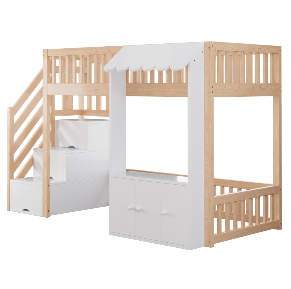 Lit mezzanine en pin couleur bois avec rangements 90 x 200 cm