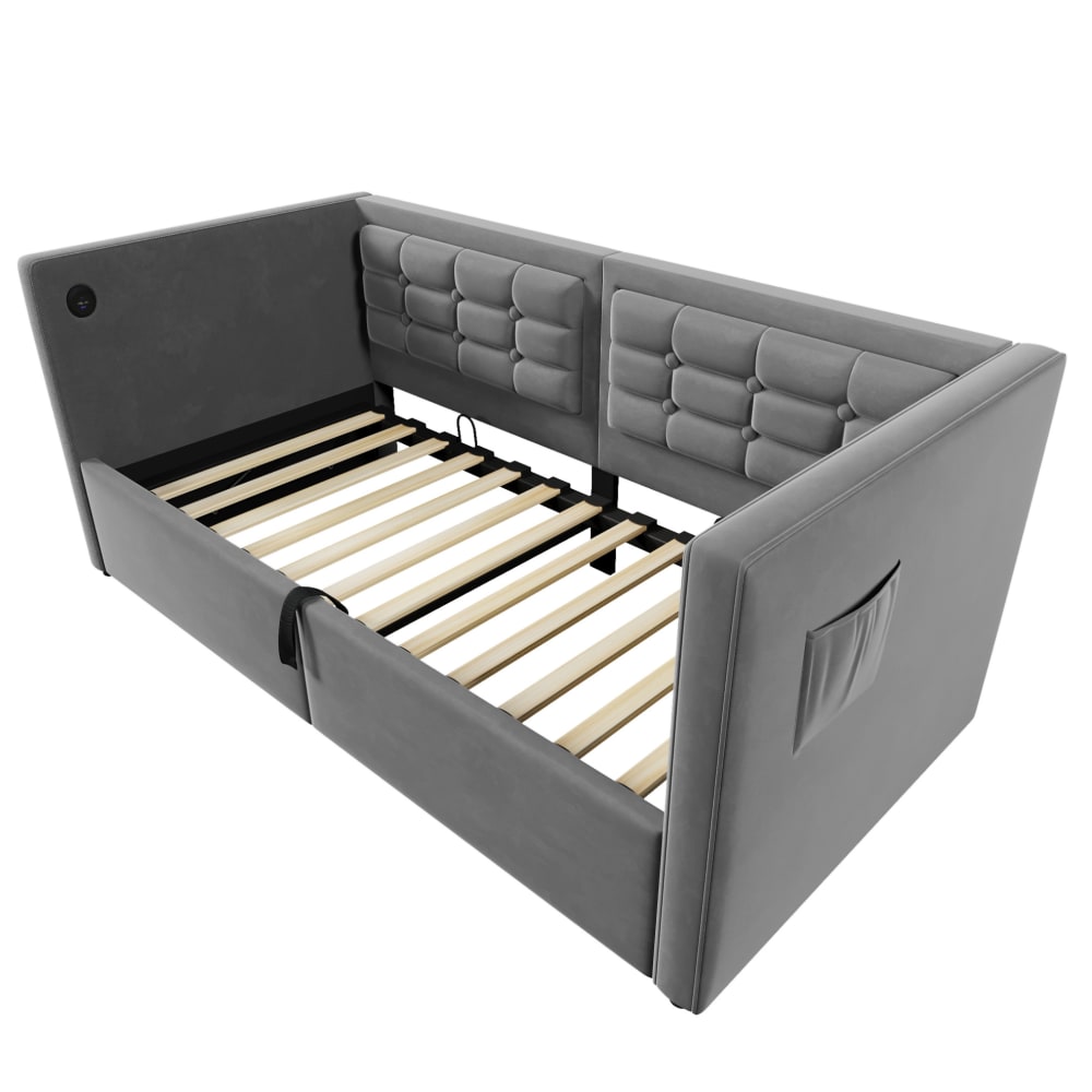 Lit-banquette en velours polyester gris 90 x 200 cm avec rangement