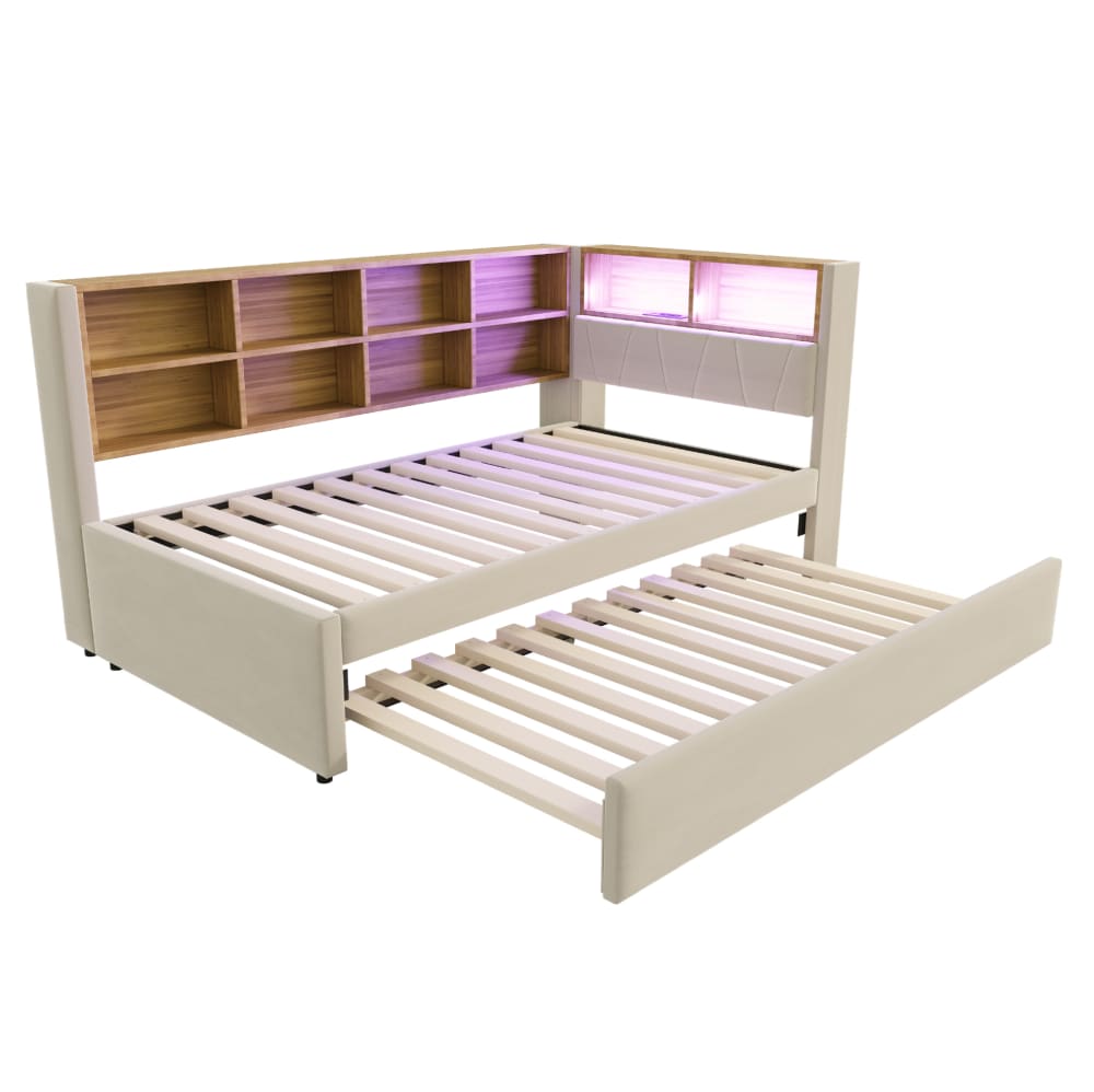 Canapé-lit 90x200 cm avec lit gigogne à gauche en polyester beige