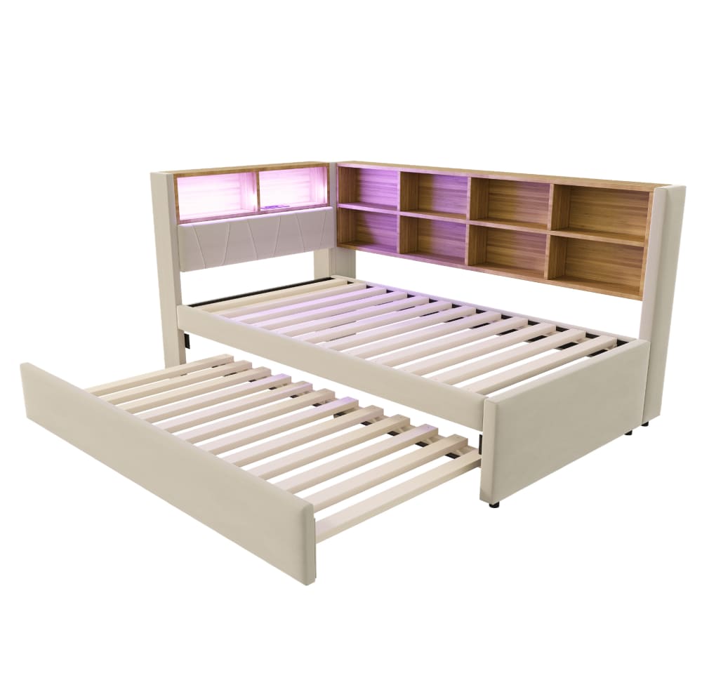 Canapé-lit 90x200 cm avec lit gigogne à droite en polyester beige