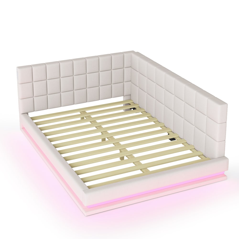 Canapé-lit en polyester effet lin beige 160 x 200 cm avec led