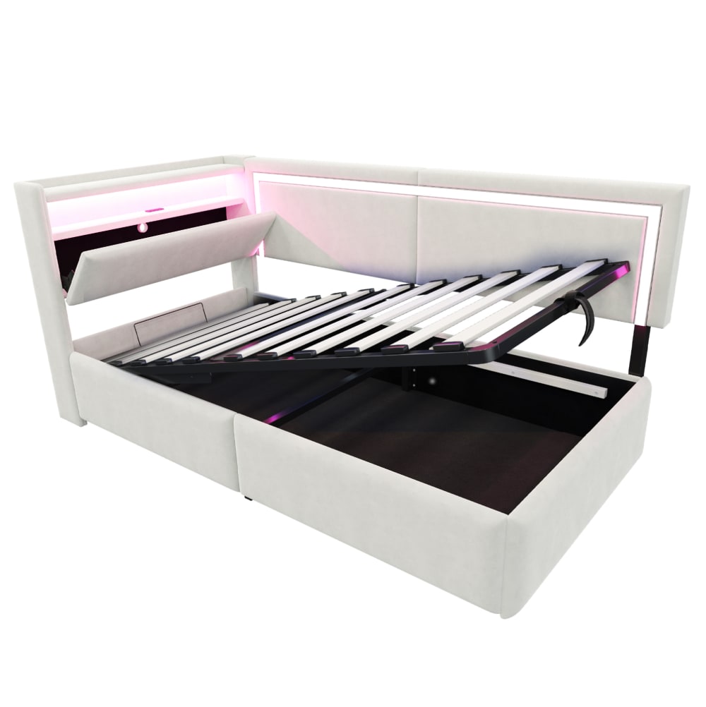 Canapé-lit en velours polyester beige 90 x 200 cm avec éclairage led