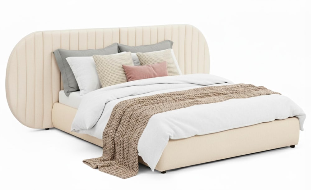 Lit-coffre complet avec tête de lit modulable 160x200cm tissu beige Lit-coffre complet avec tête de lit modulable 160x200cm tissu beige