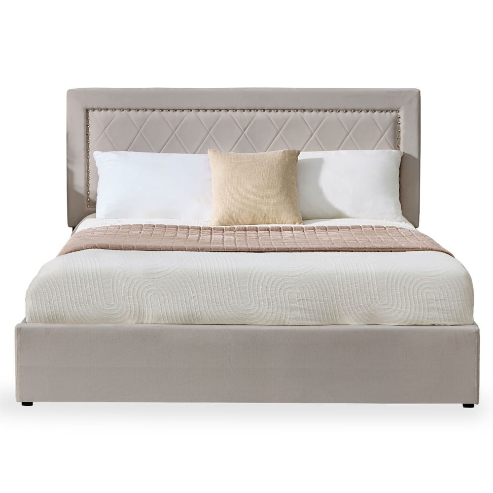 Lit coffre avec sommier relevable 160x200cm et tête de lit cloutée Lit coffre avec sommier relevable 160x200cm et tête de lit cloutée
