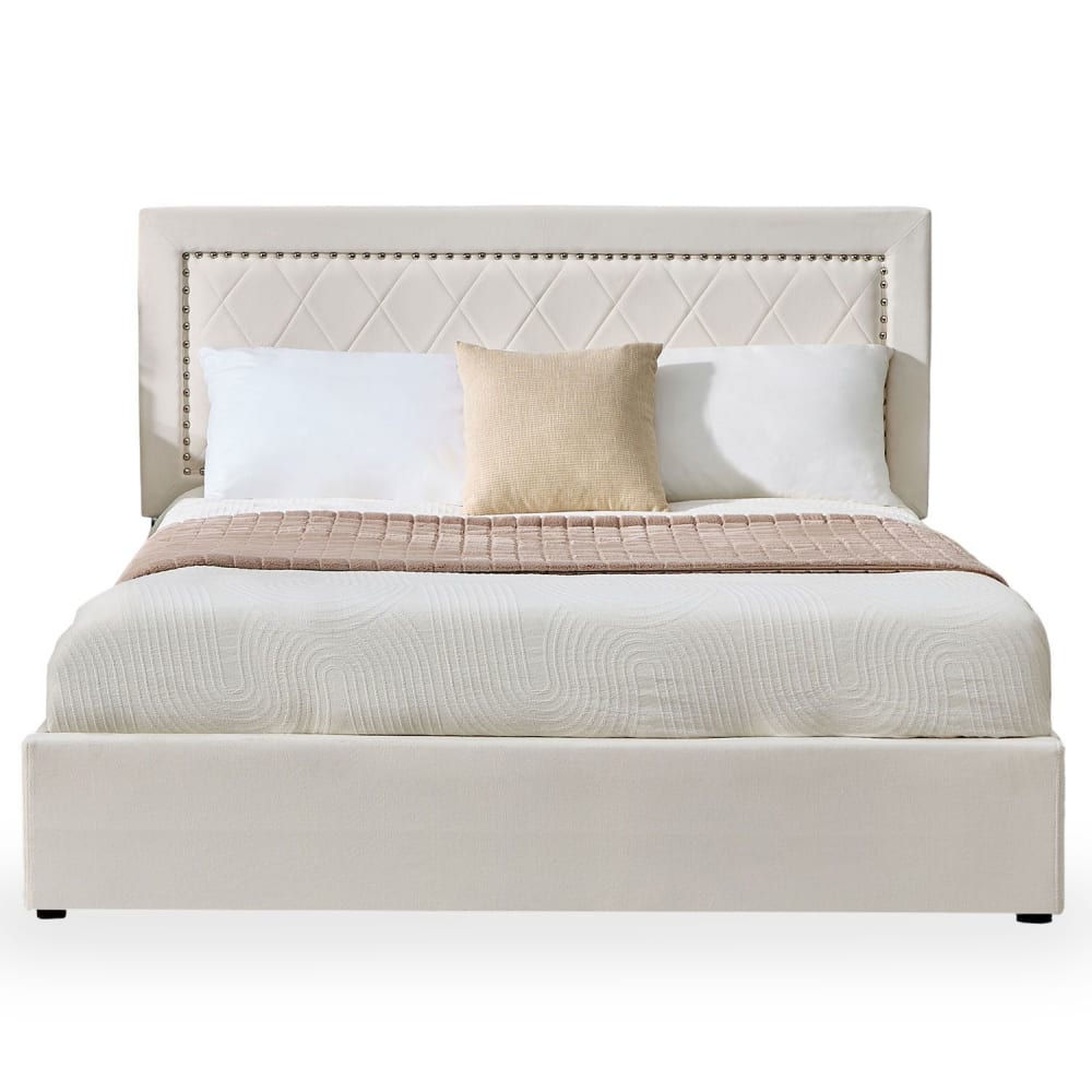 Lit coffre avec sommier relevable 140x200cm et tête de lit cloutée Lit coffre avec sommier relevable 140x200cm et tête de lit cloutée