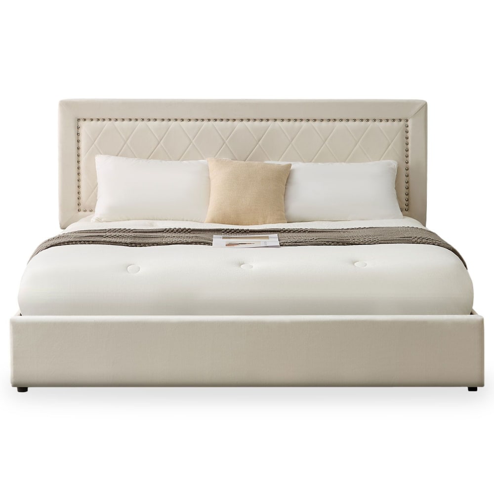 Lit coffre avec sommier relevable 180x200cm et tête de lit cloutée Lit coffre avec sommier relevable 180x200cm et tête de lit cloutée