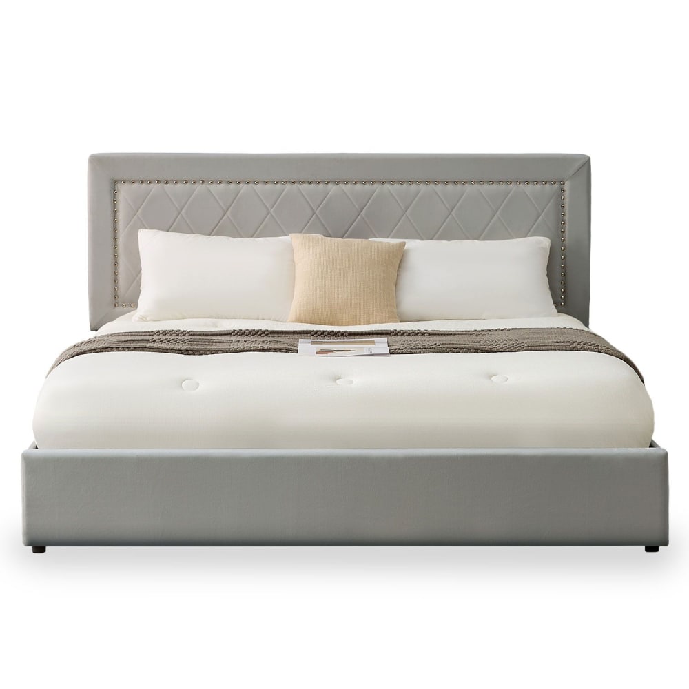 Lit coffre avec sommier relevable 180x200cm et tête de lit cloutée