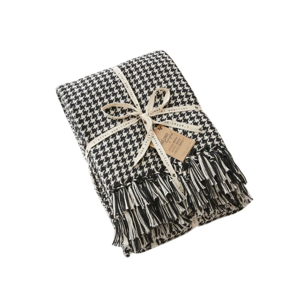 Plaid à franges 100% recyclé tissage vichy noir et blanc 130x160cm