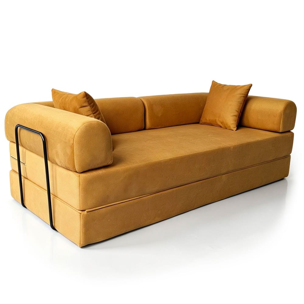 Canapé 3 places convertible et modulable tissu doux texturé ocre doré Canapé 3 places convertible et modulable tissu doux texturé ocre doré