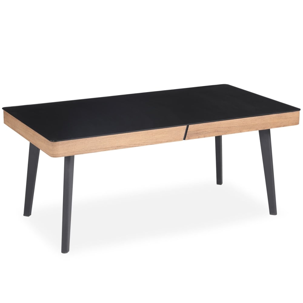 Table basse en bois avec plateau en verre noir