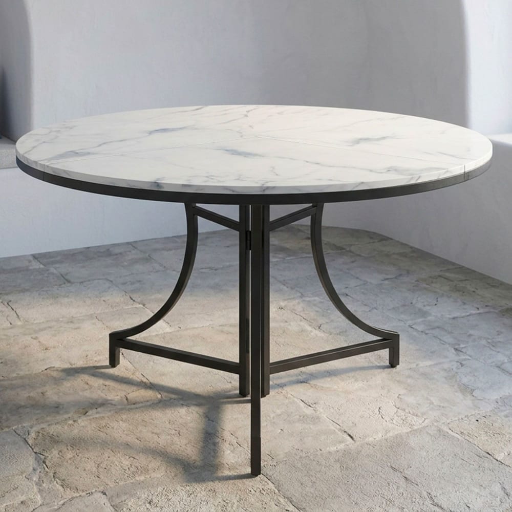 Table ronde pliante gain de place ø100cm métal noir et effet marbre