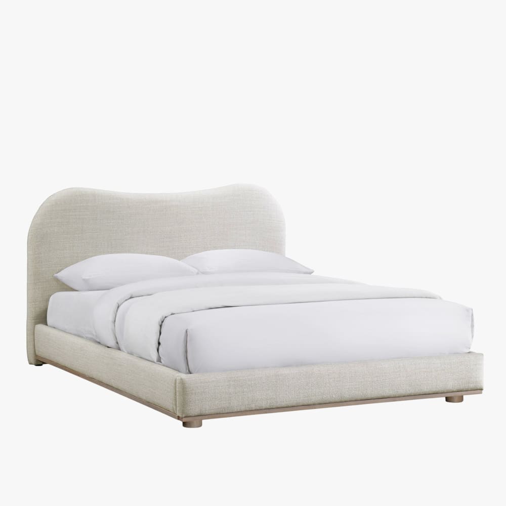Lit double en tissu beige et bois clair 180x200 cm