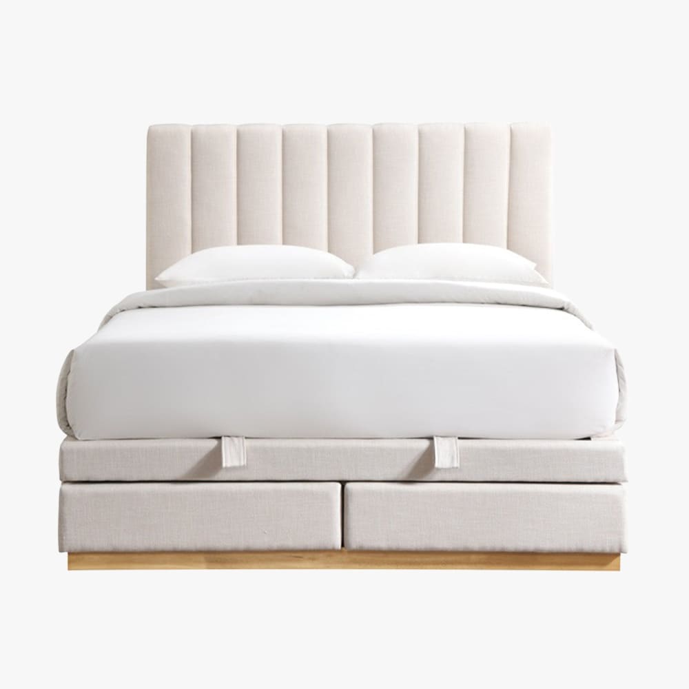 Lit double en tissu beige avec coffre et 2 tiroirs 140x190 cm
