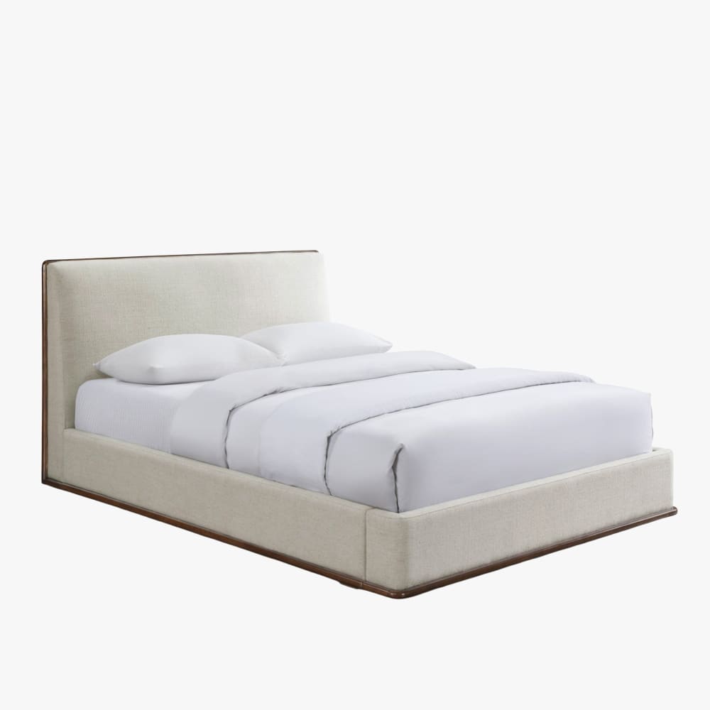 Lit double en tissu beige et bois foncé 140x190 cm
