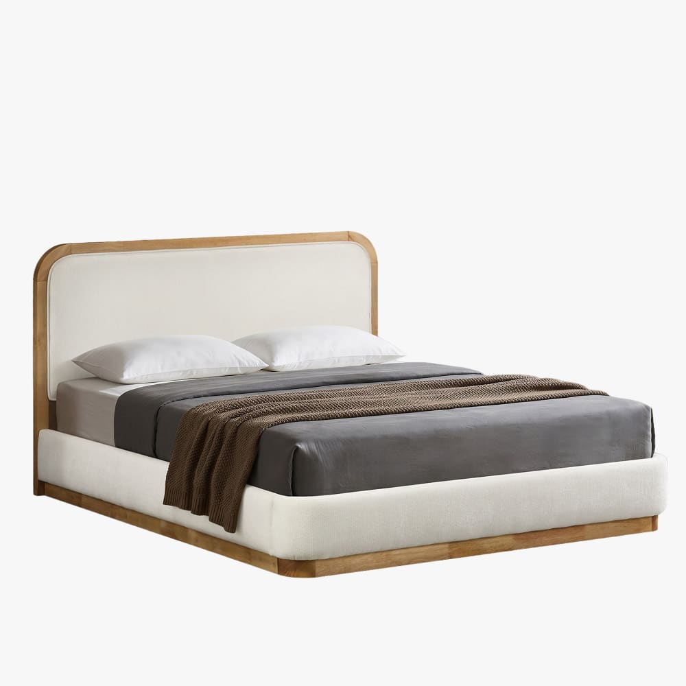 Lit double en tissu beige et bois clair 160x200 cm