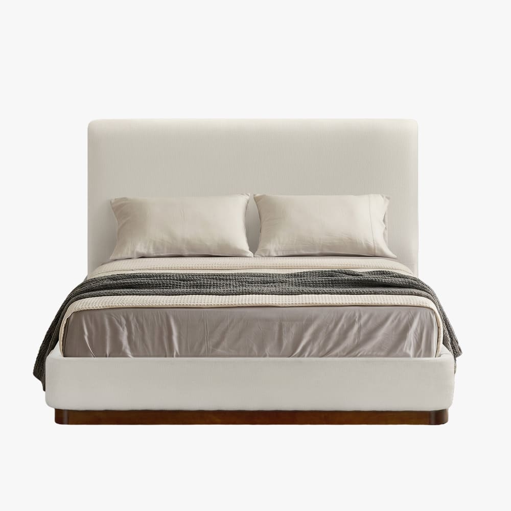 Lit double en tissu beige et bois foncé 160x200 cm