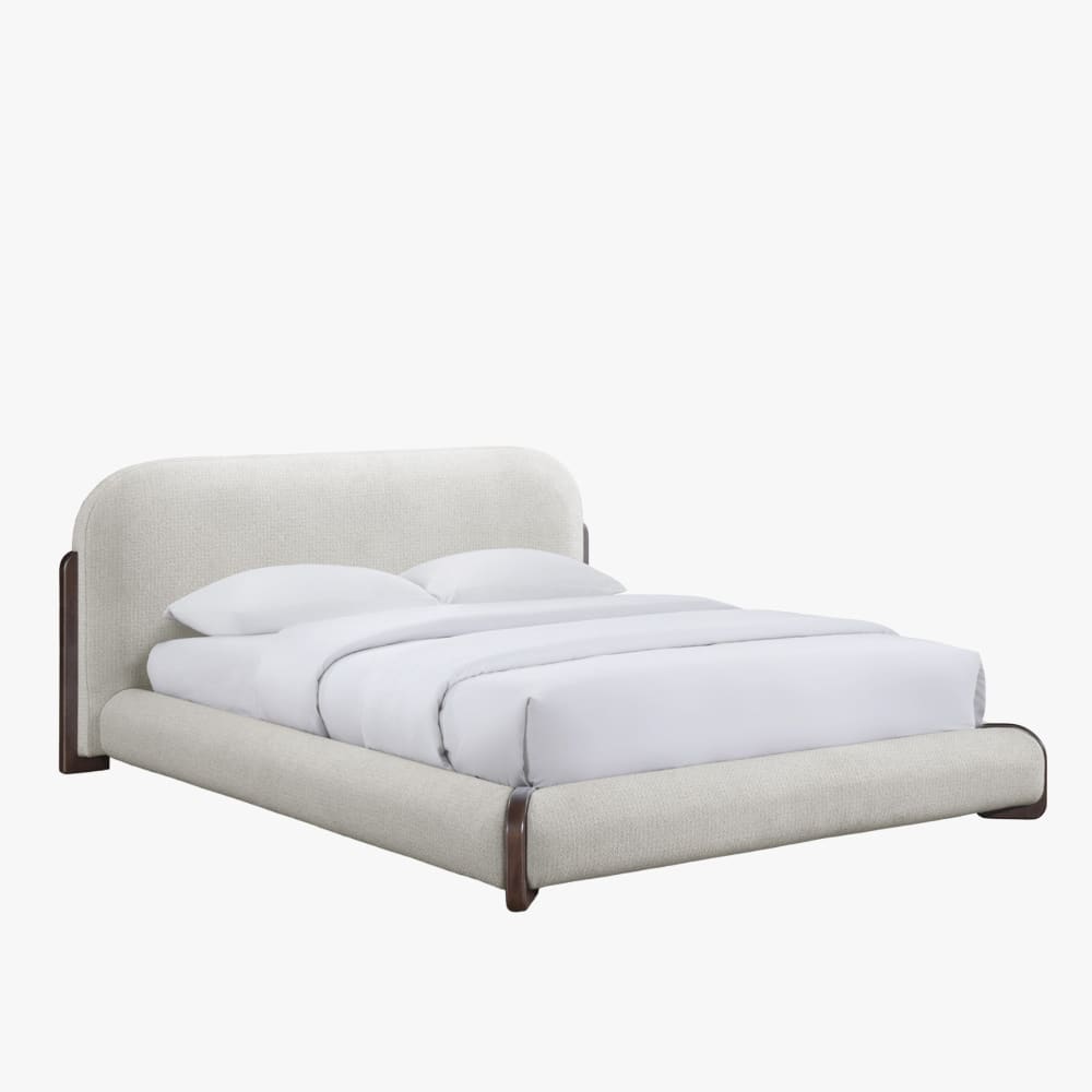 Lit double en tissu beige et bois foncé 140x190 cm