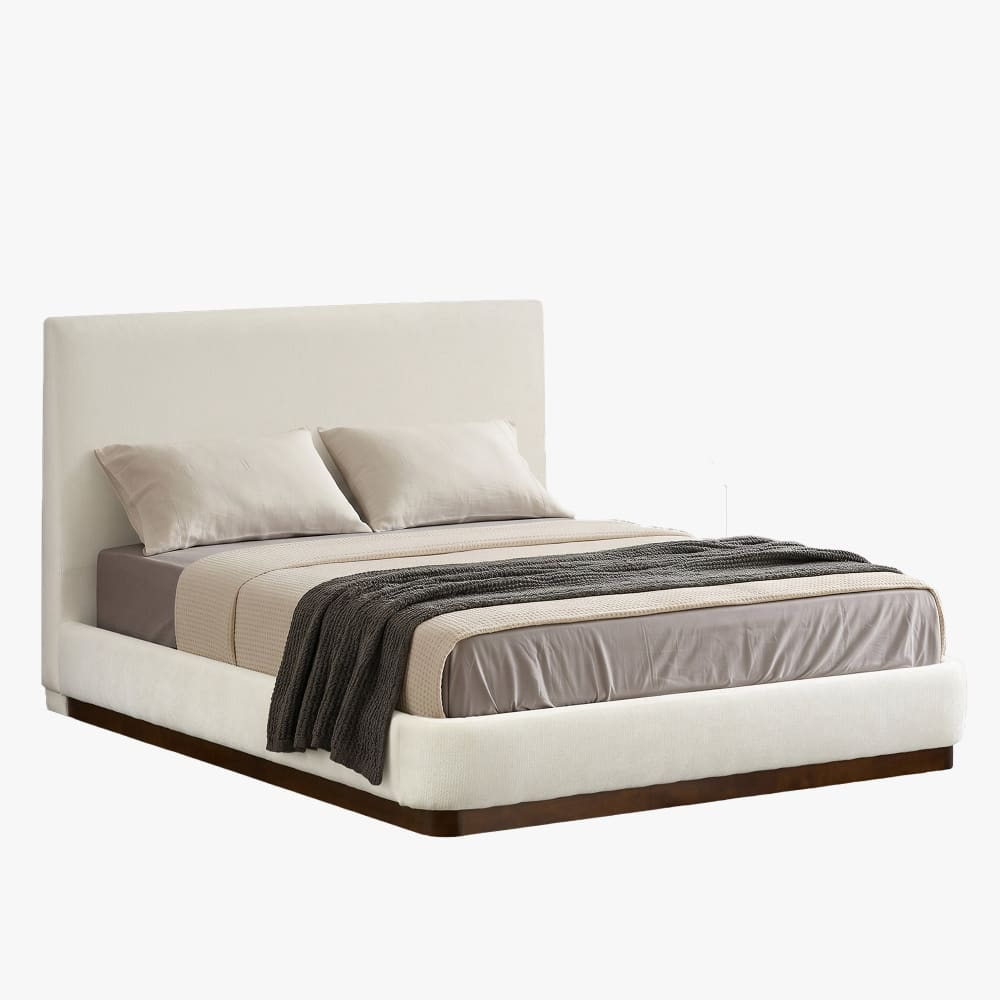 Lit double en tissu beige et bois foncé 180x200 cm