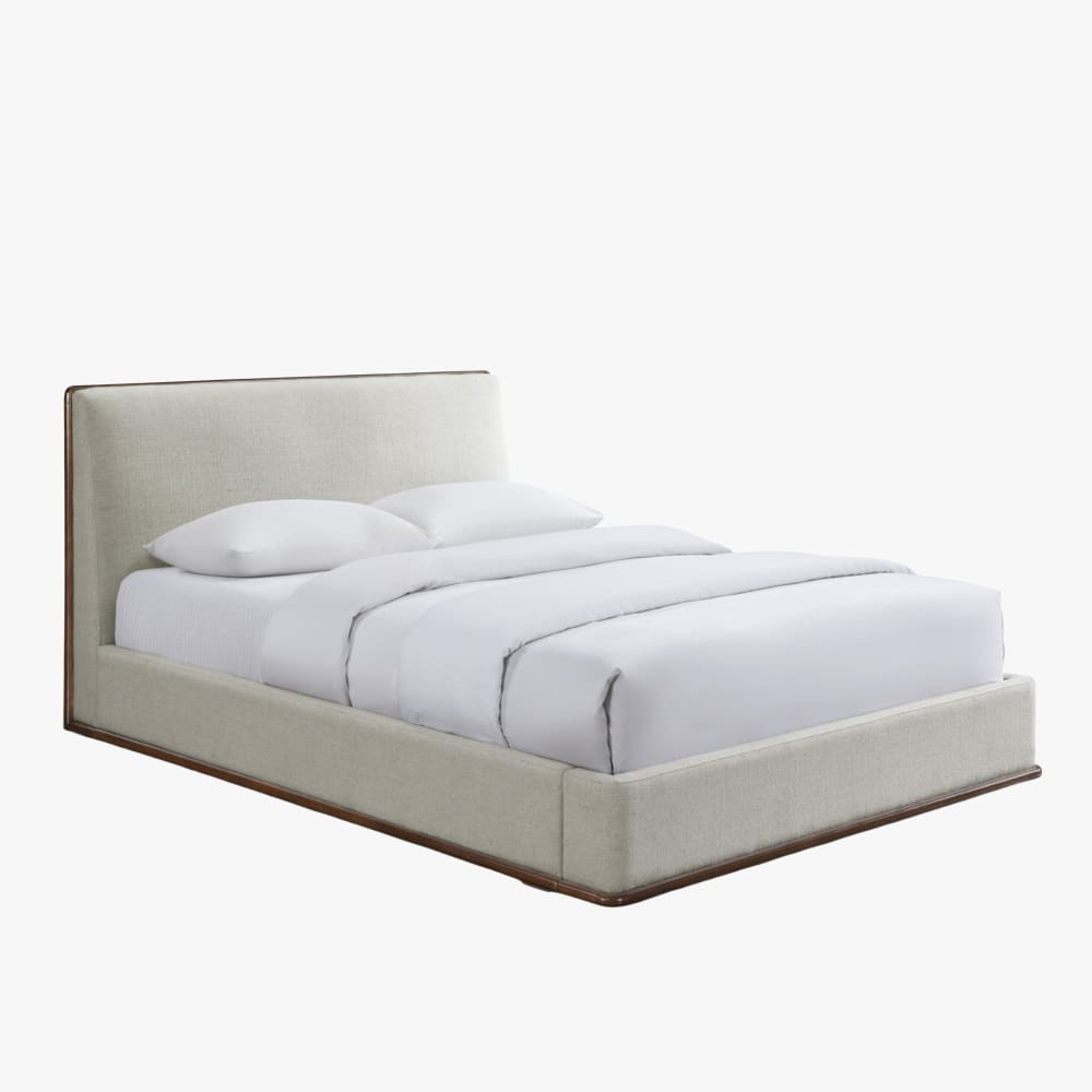 Lit double en tissu beige et bois foncé 160x200 cm