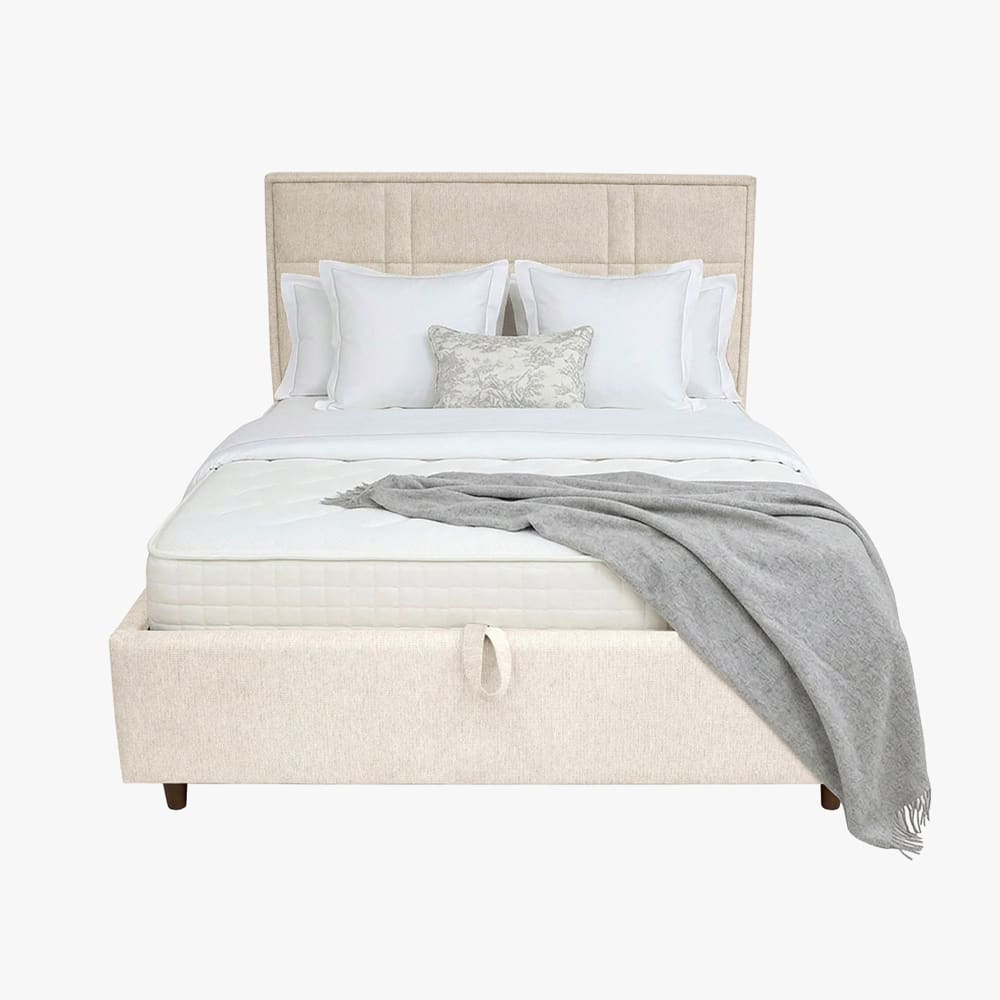Lit double en tissu beige avec coffre 140x190 cm Lit double en tissu beige avec coffre 140x190 cm