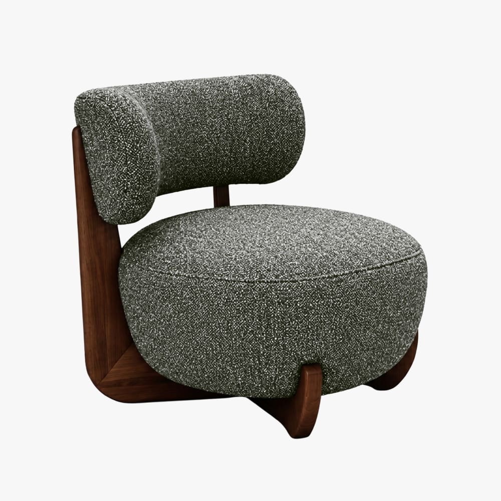Fauteuil en tissu texturé vert pieds en bois foncé