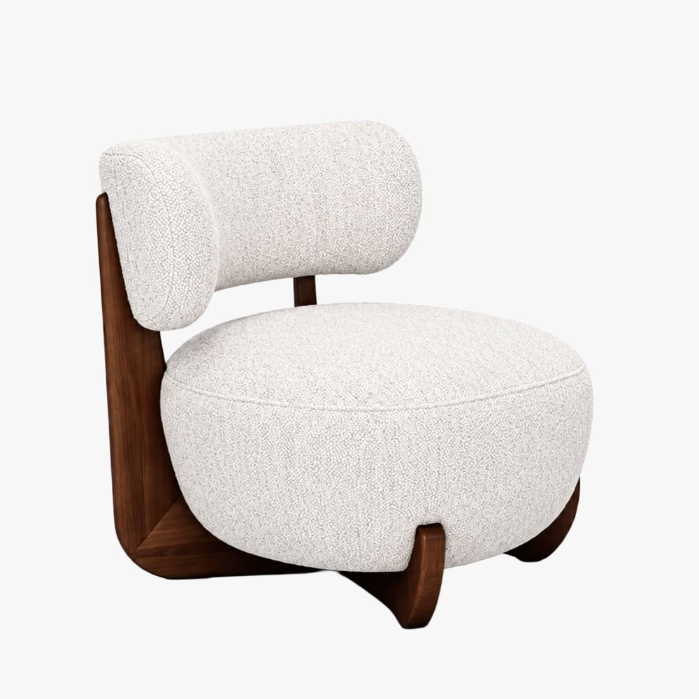 Fauteuil en tissu texturé blanc écru pieds en bois foncé