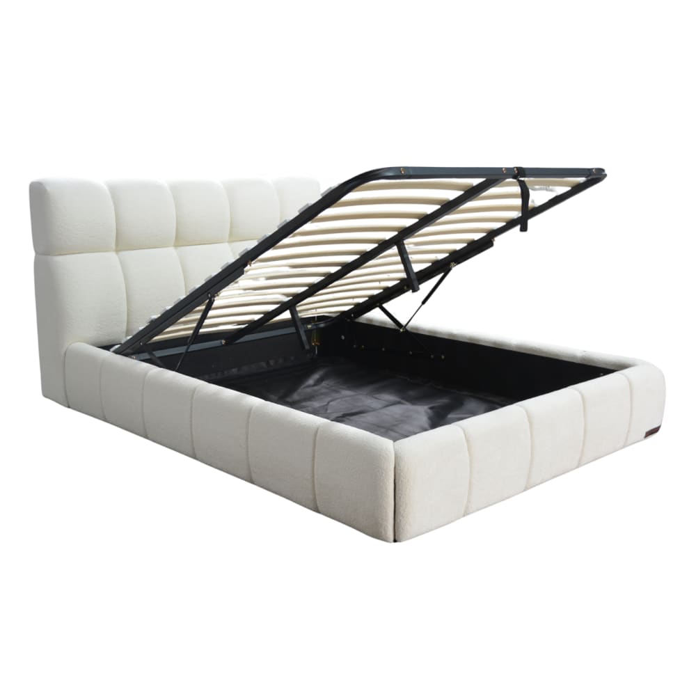 Lit coffre 160x200 cm avec tête de lit en tissu chenille sable