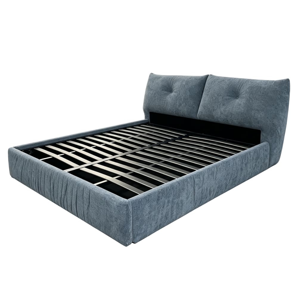 Lit coffre 140x190 cm avec tête de lit en tissu texturé gris Lit coffre 140x190 cm avec tête de lit en tissu texturé gris
