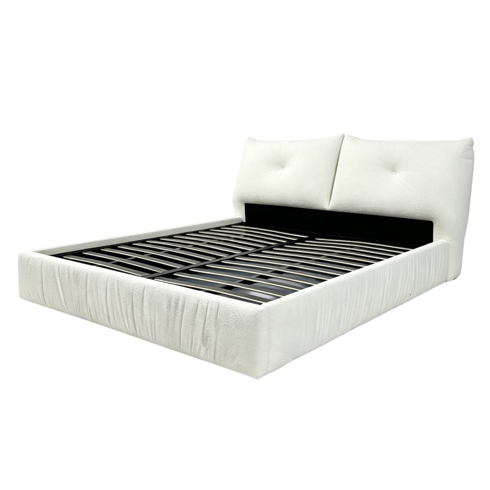 Lit coffre 200x200 cm avec tête de lit en tissu texturé sable Lit coffre 200x200 cm avec tête de lit en tissu texturé sable