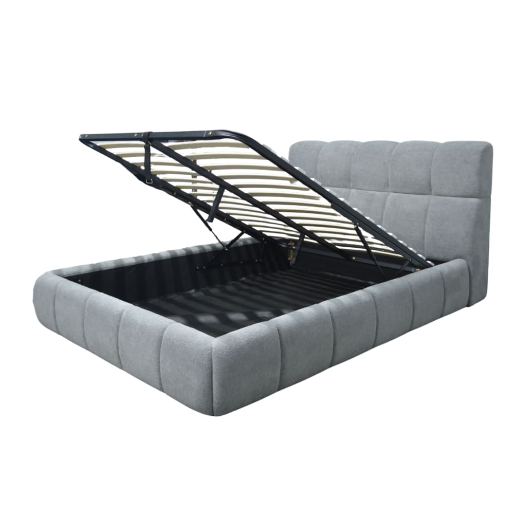 Lit coffre 200x200 cm avec tête de lit en tissu chenille gris
