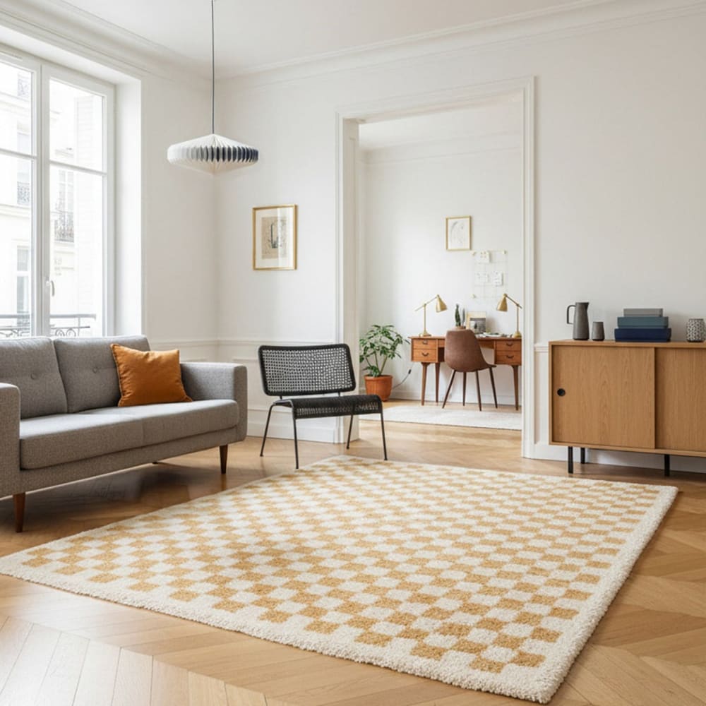 AFK Living Teppich kariert langflorig weich voluminös 80 x 150 cm style modern Gelb Öko-Tex Zertifikat Pp - Polypropylen