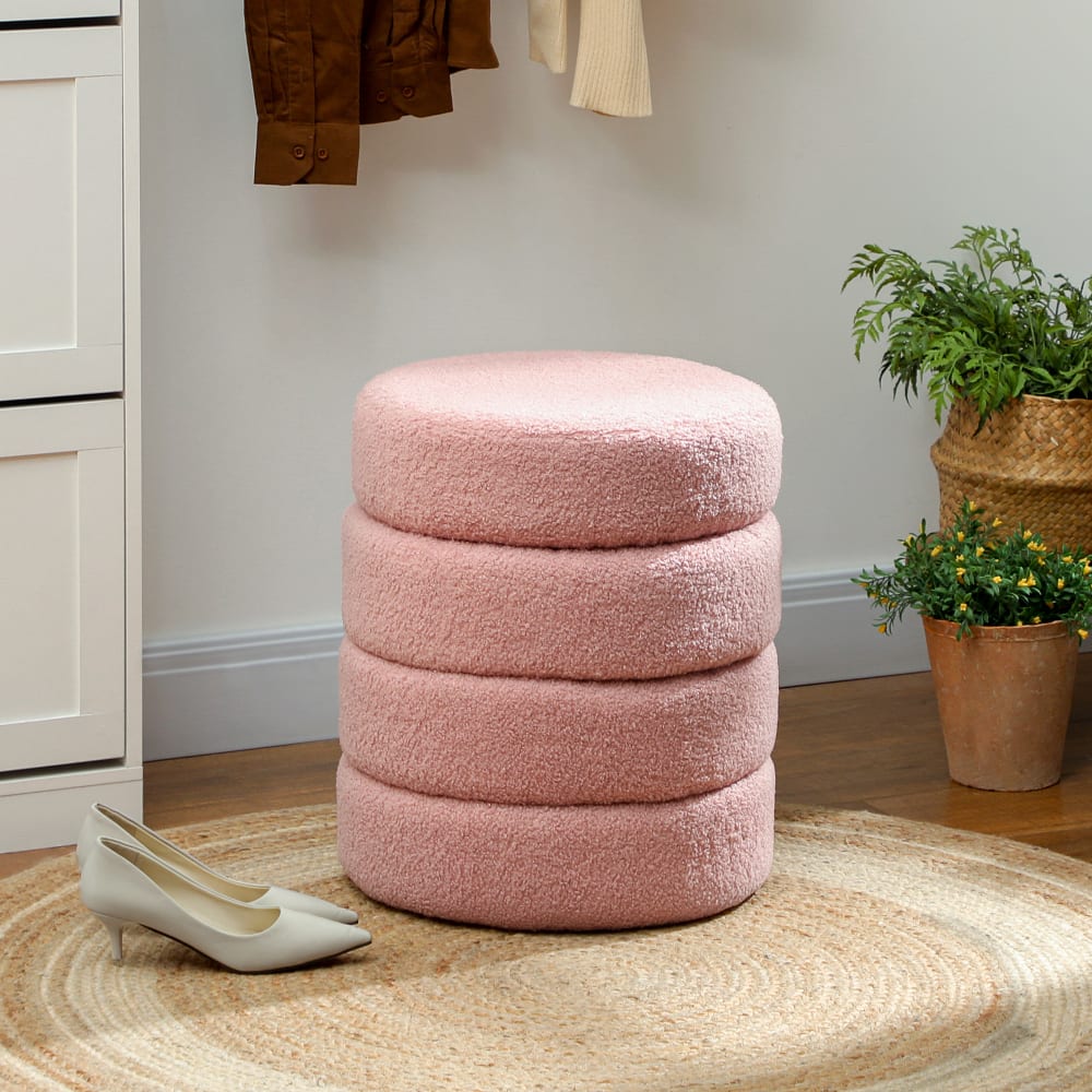 Repose-pied de salon rembourré en peluche teddy rose
