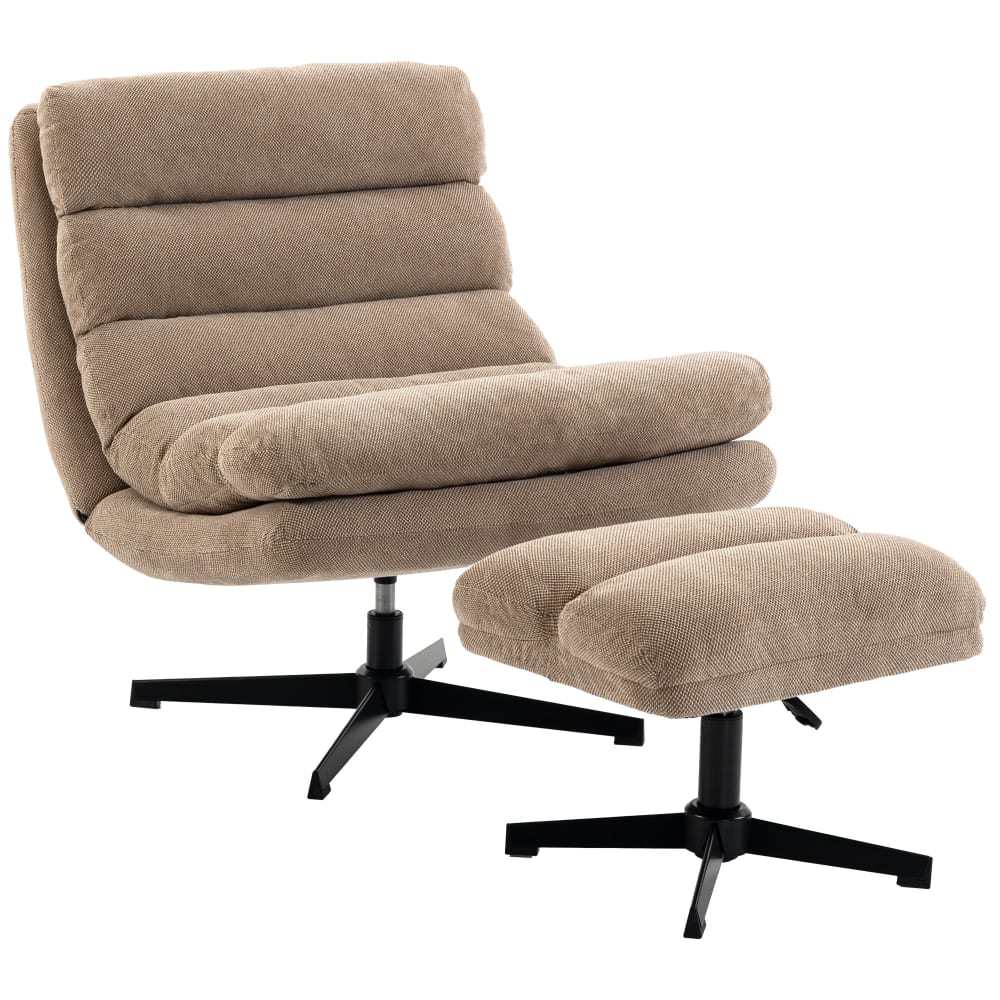 Fauteuil de salon repose-pied réglable rotation 360° lin marron