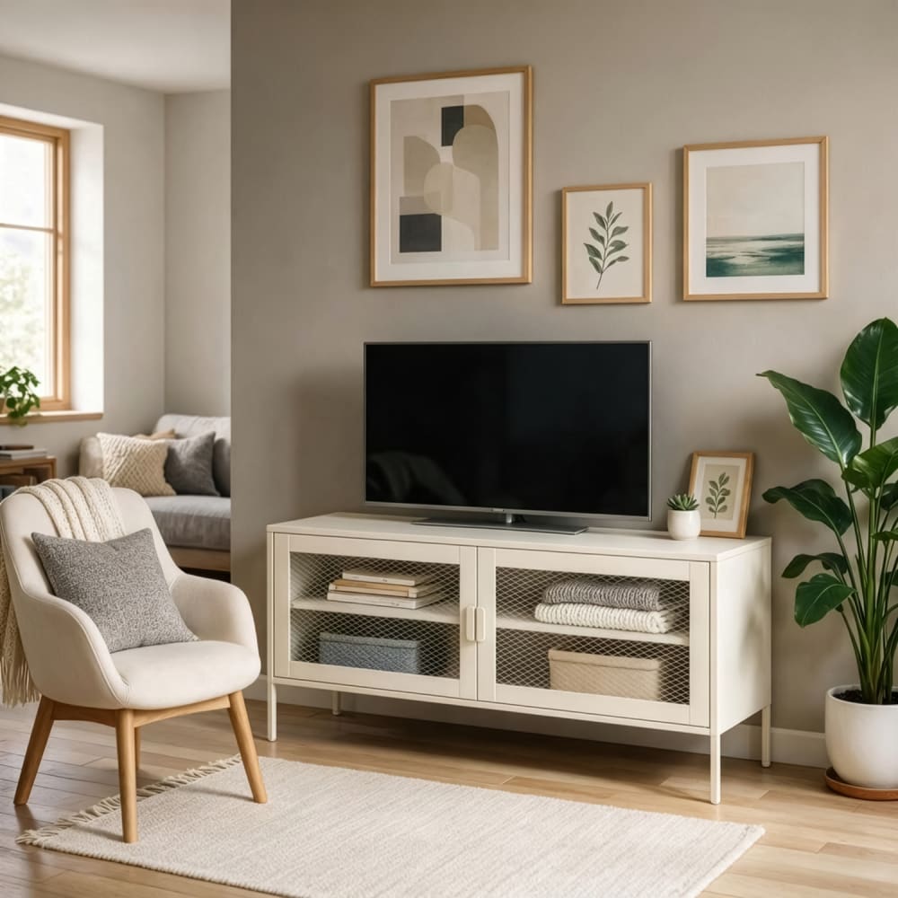 Meuble tv en métal blanc 120cm avec 2 portes