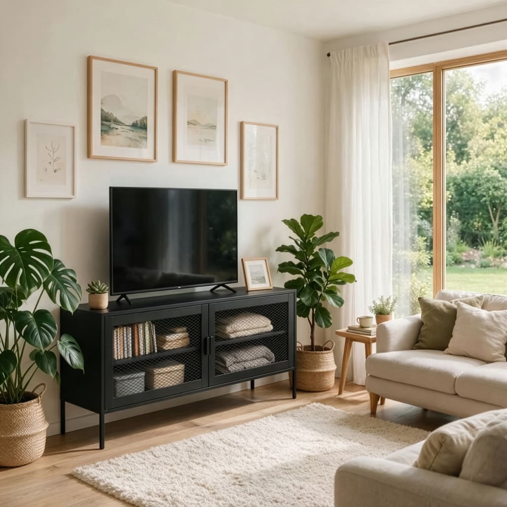 Meuble tv en métal noir 120cm avec 2 portes