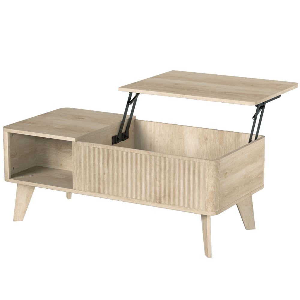 Table basse relevable compartiment caché étagères ouvertes bois chêne Table basse relevable compartiment caché étagères ouvertes bois chêne