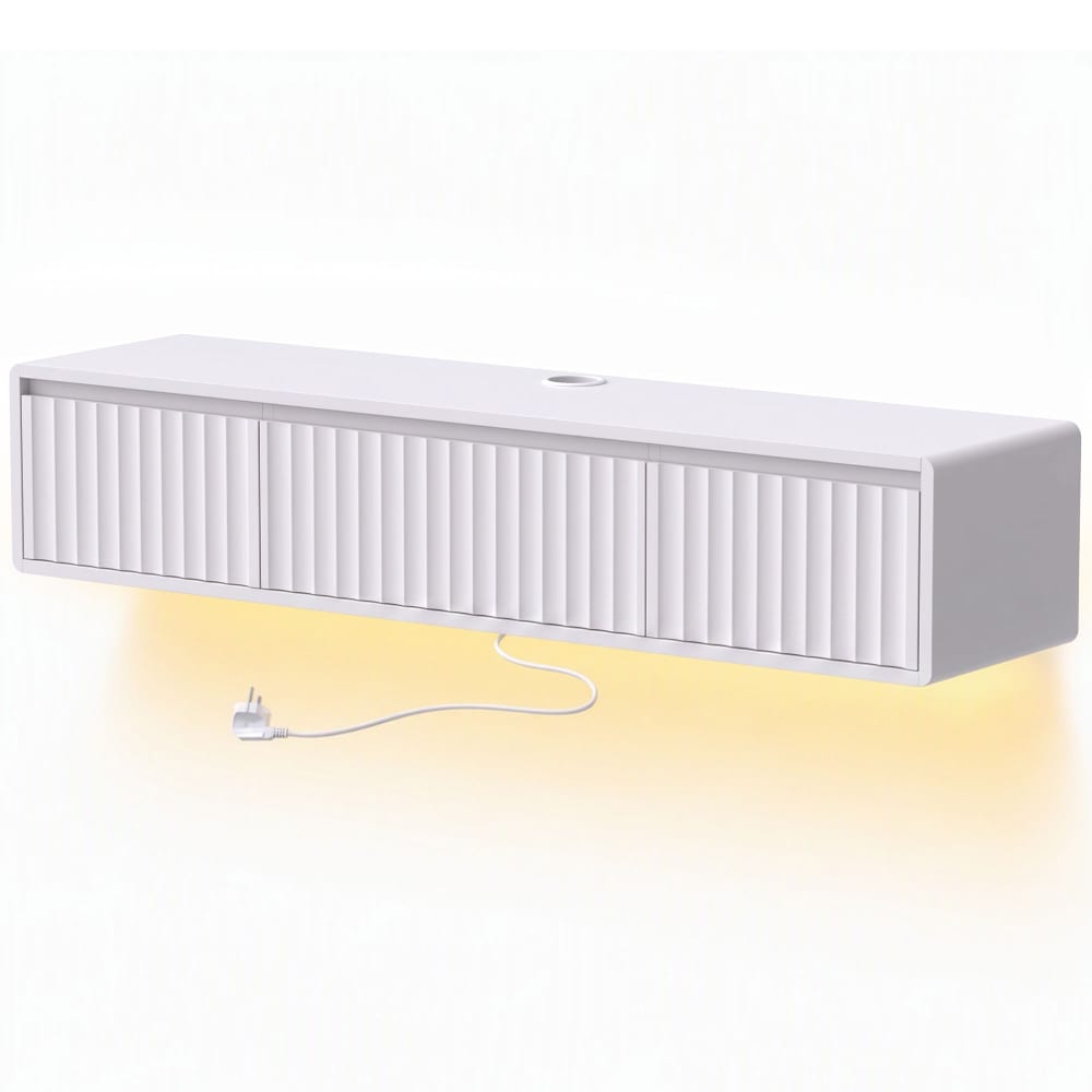 Meuble tv suspendu avec éclairage led et prises bois blanc
