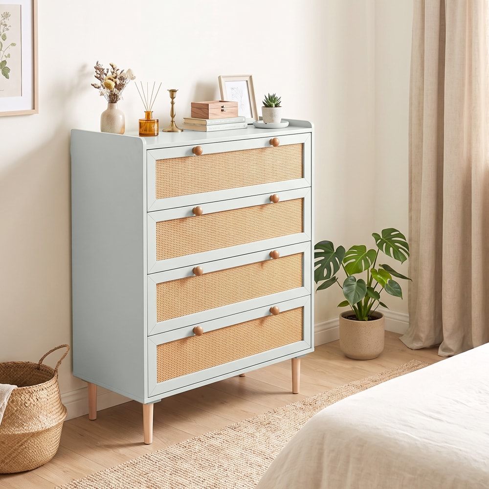 Commode 4 tiroirs bohème rotin pvc bois vert sauge