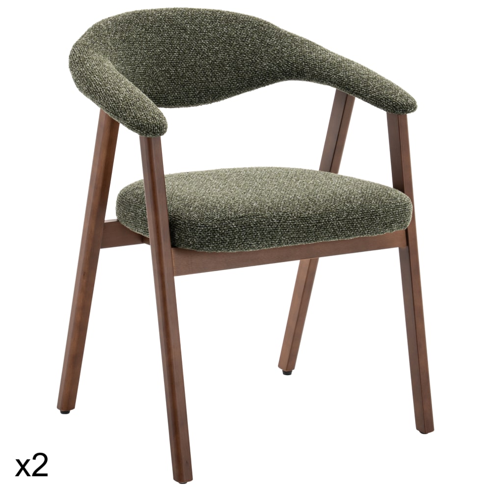 Lot de 2 chaises en bois foncé et tissu boucle vert kaki Lot de 2 chaises en bois foncé et tissu boucle vert kaki