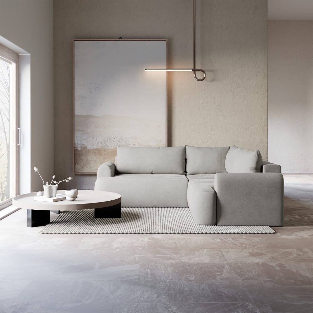Eckschlafsofa mit Bettkasten, hellgrauer Veloursstoff universell
